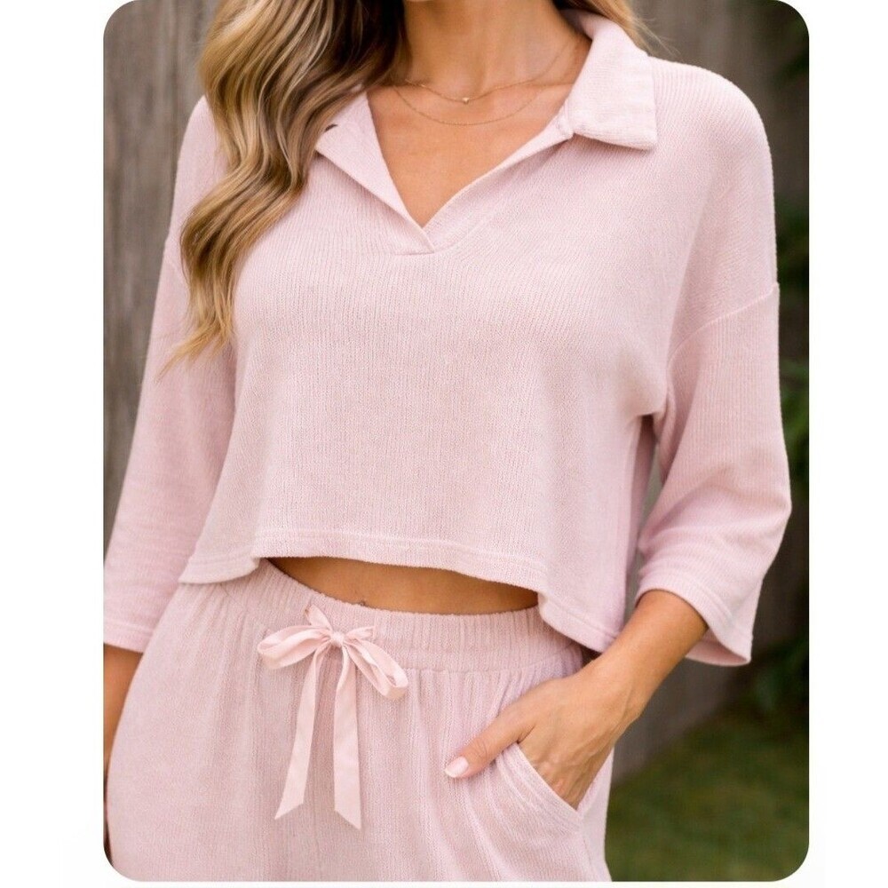 POL 2 Piece Lounge Set Women Size L Blush Pink Knit Crop Top Wide Leg Pants...